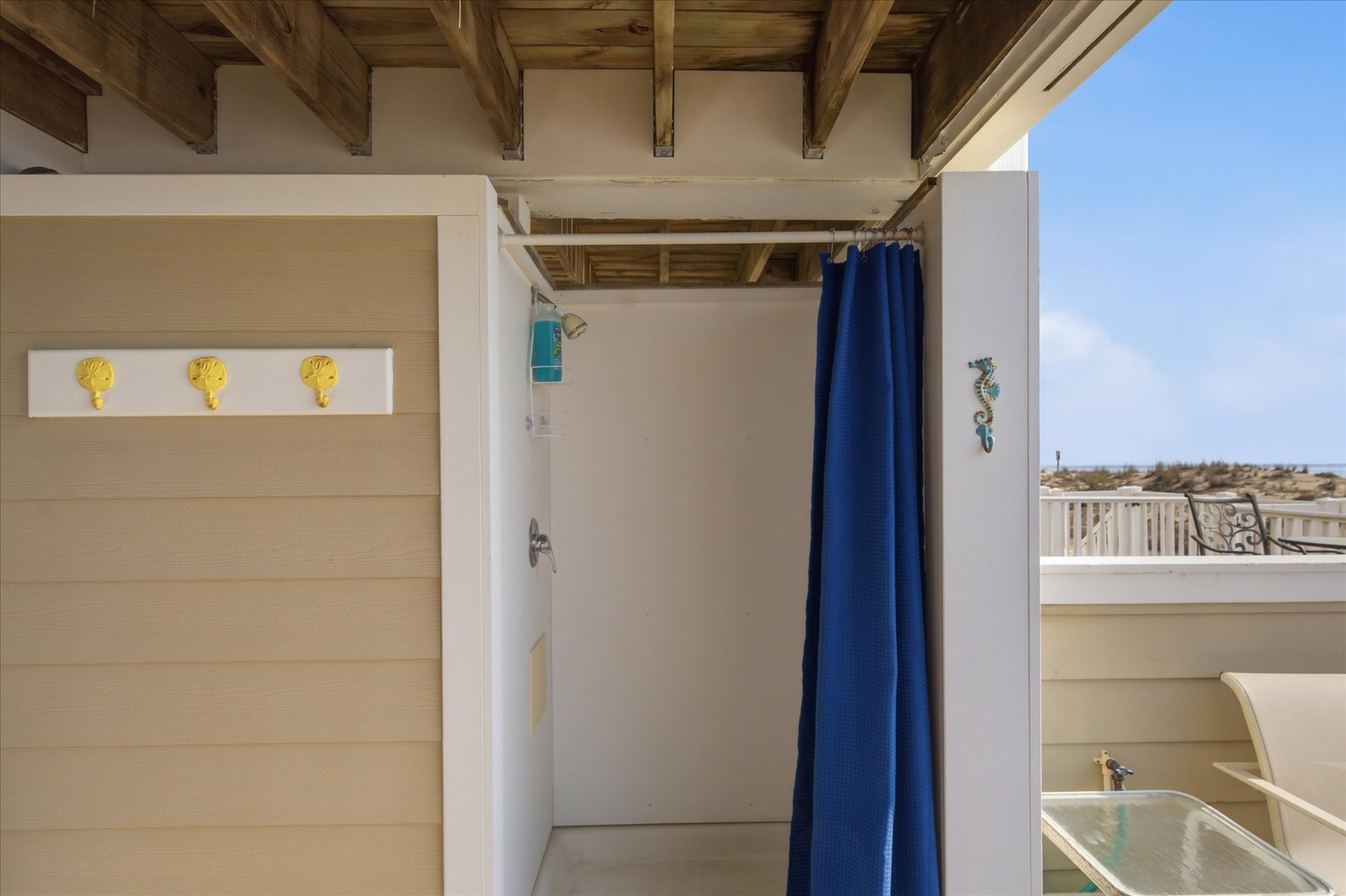 The Outdoor shower is perfect for rinsing off the day before relaxing inside.