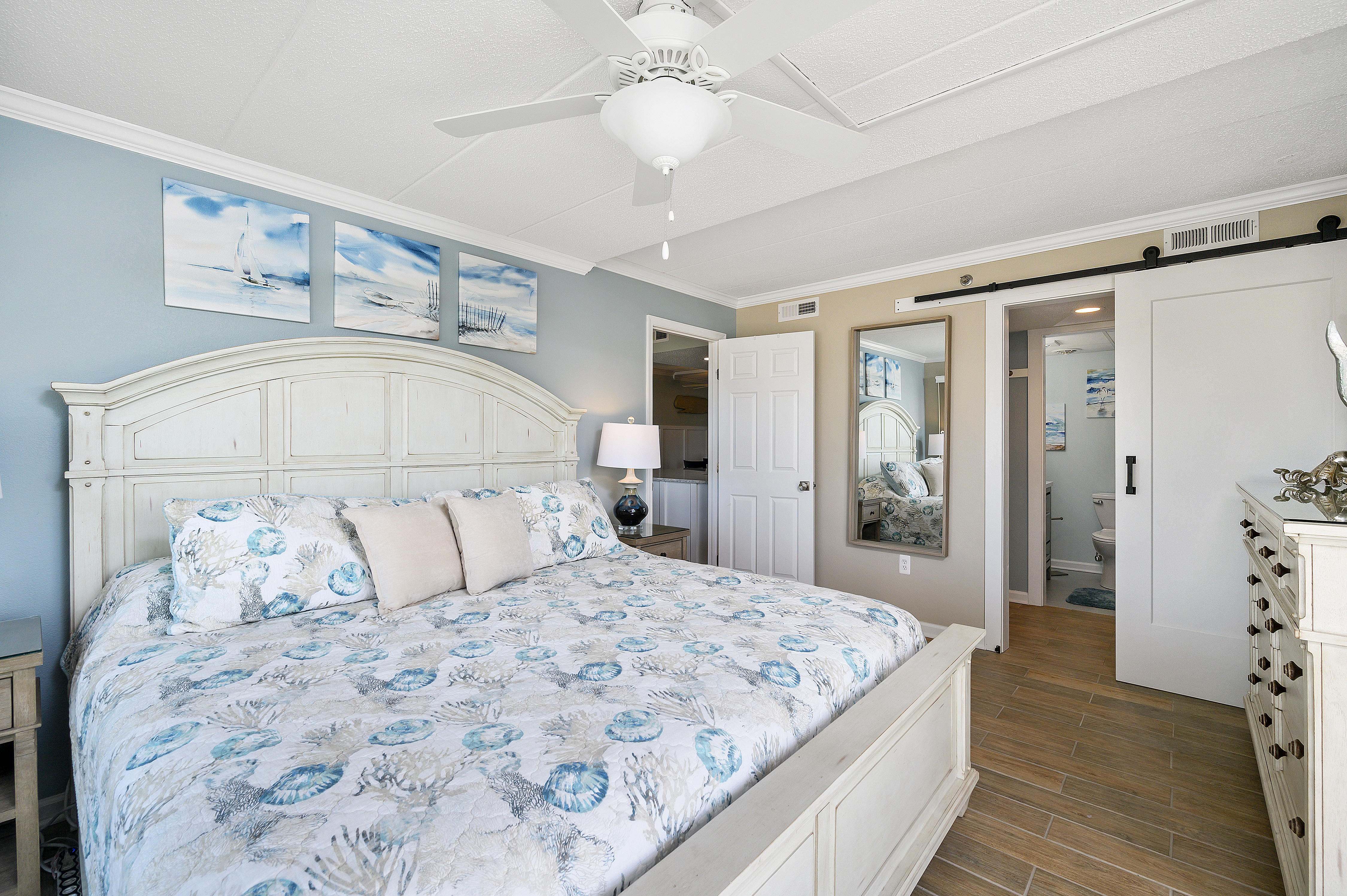 Bedroom 1 is a serene retreat for 2 with a luxury King Bed and lovely en suite bathroom