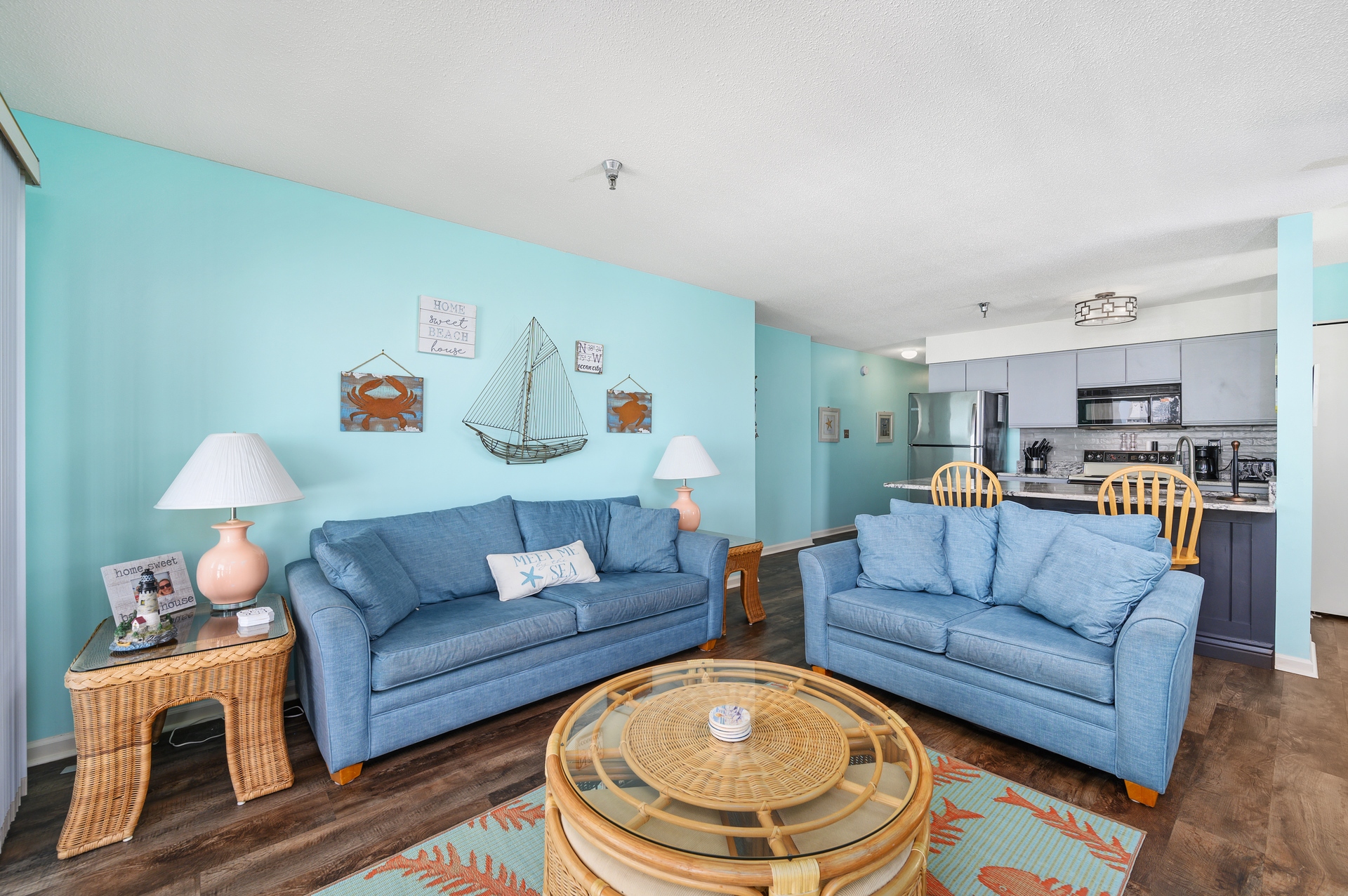 Sink into the oversized, comfy furniture and wind down from a fun-filled beach day.