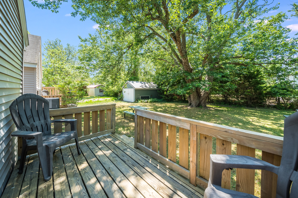 Shady backyard is serene and relaxing.