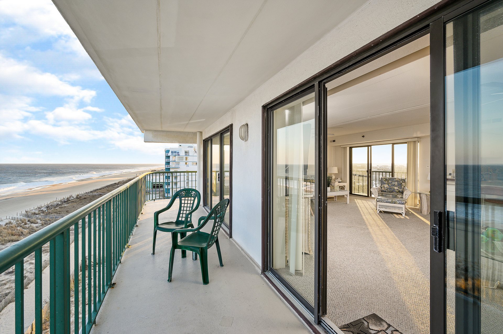 This Beachfront balcony spans the entire length of the living space and even wraps around for spectacular views!