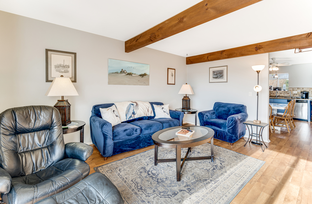 Comfortable Living Area is dressed in beachy blues and serene coastal decor.