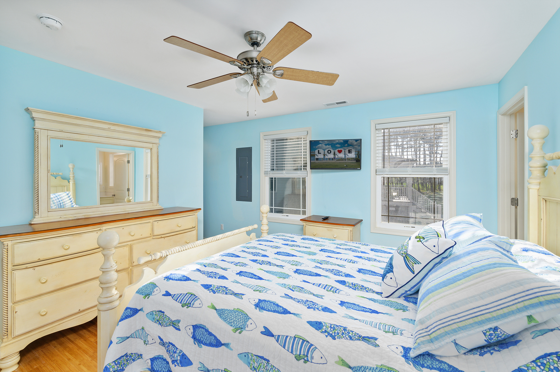 Master has a comfy Queen Bed and Flat Screen Streaming TV.