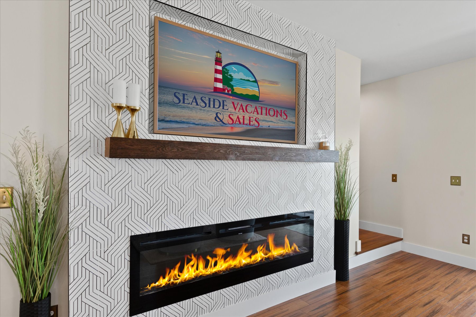 Cozy Electric Fireplace for those chilly Off-Season stays.