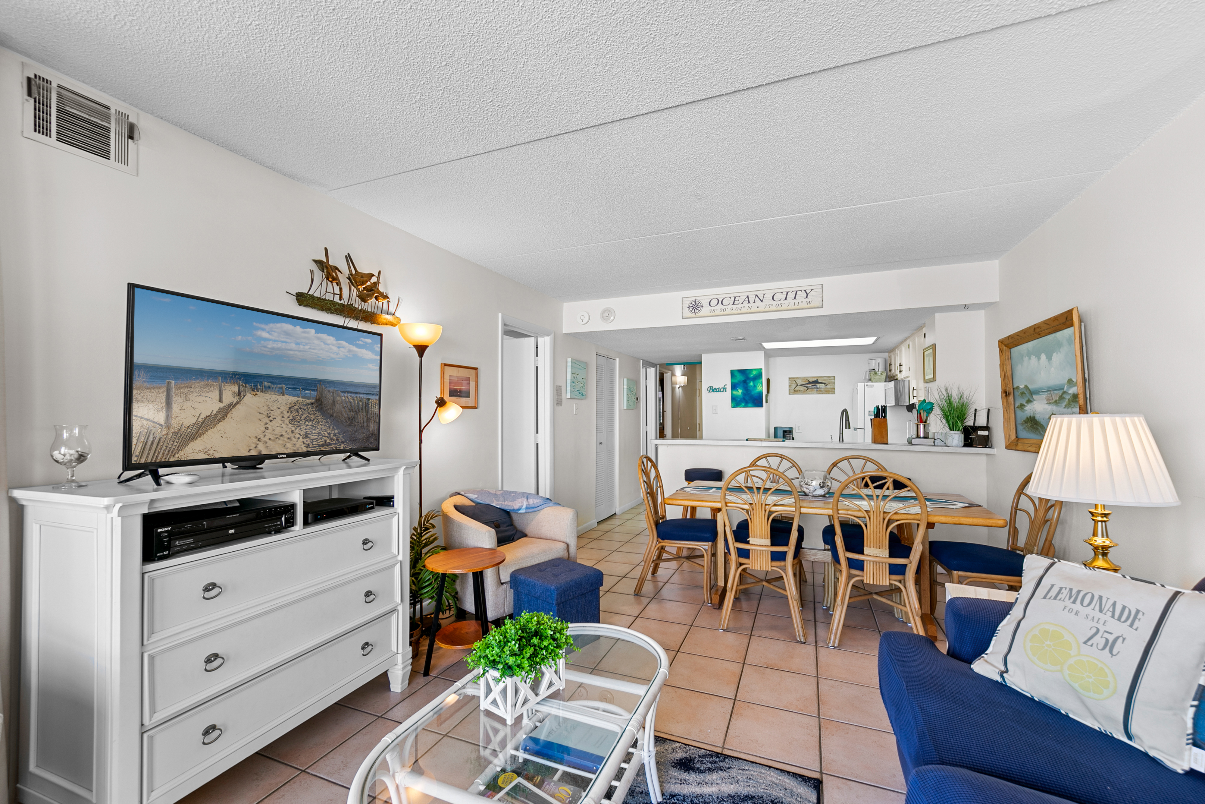 Relax in the AC and enjoy Flat Screen Satellite TV & Free Wi-Fi after a fun filled day on the Beach.