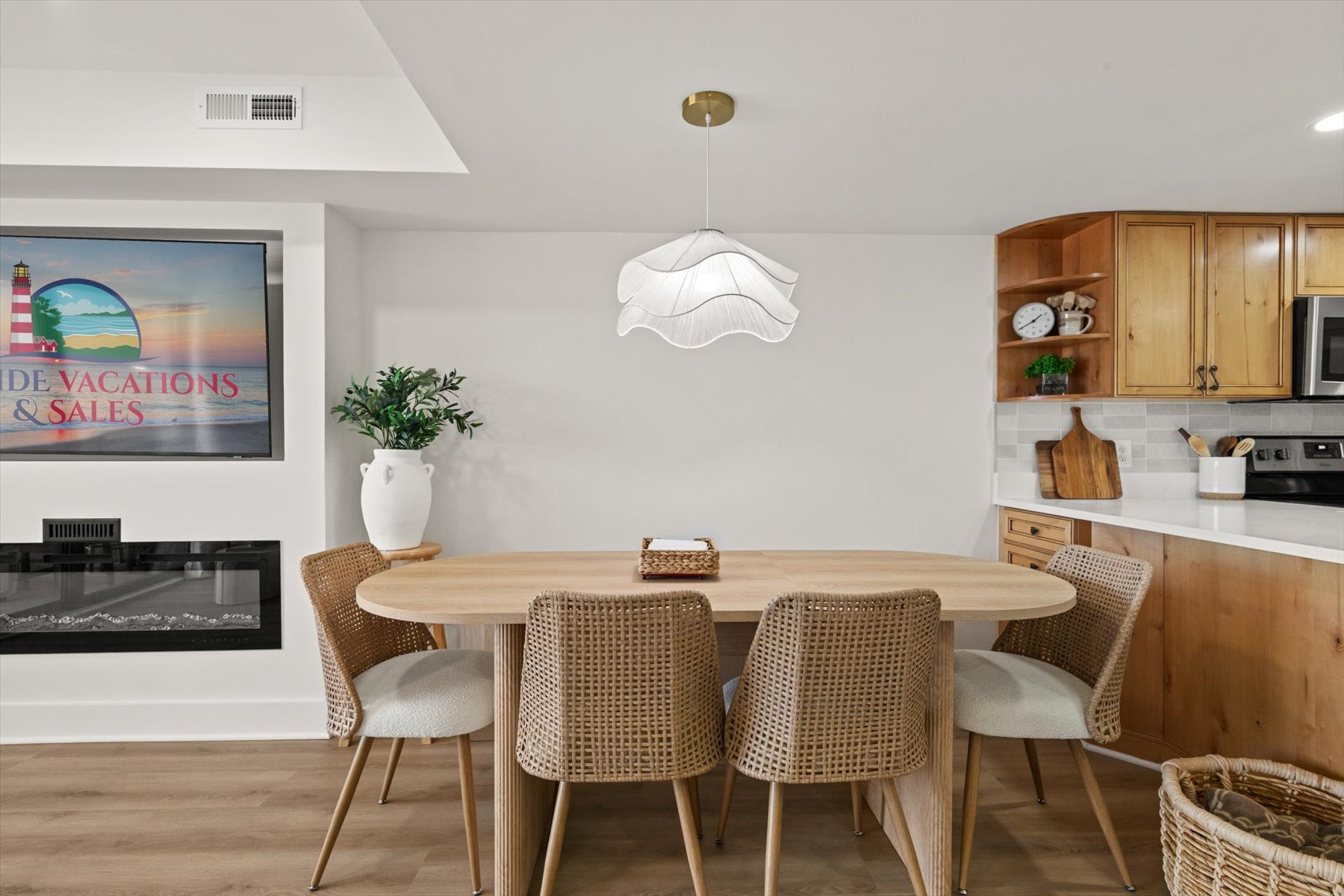 Indoor dining with an ocean view.