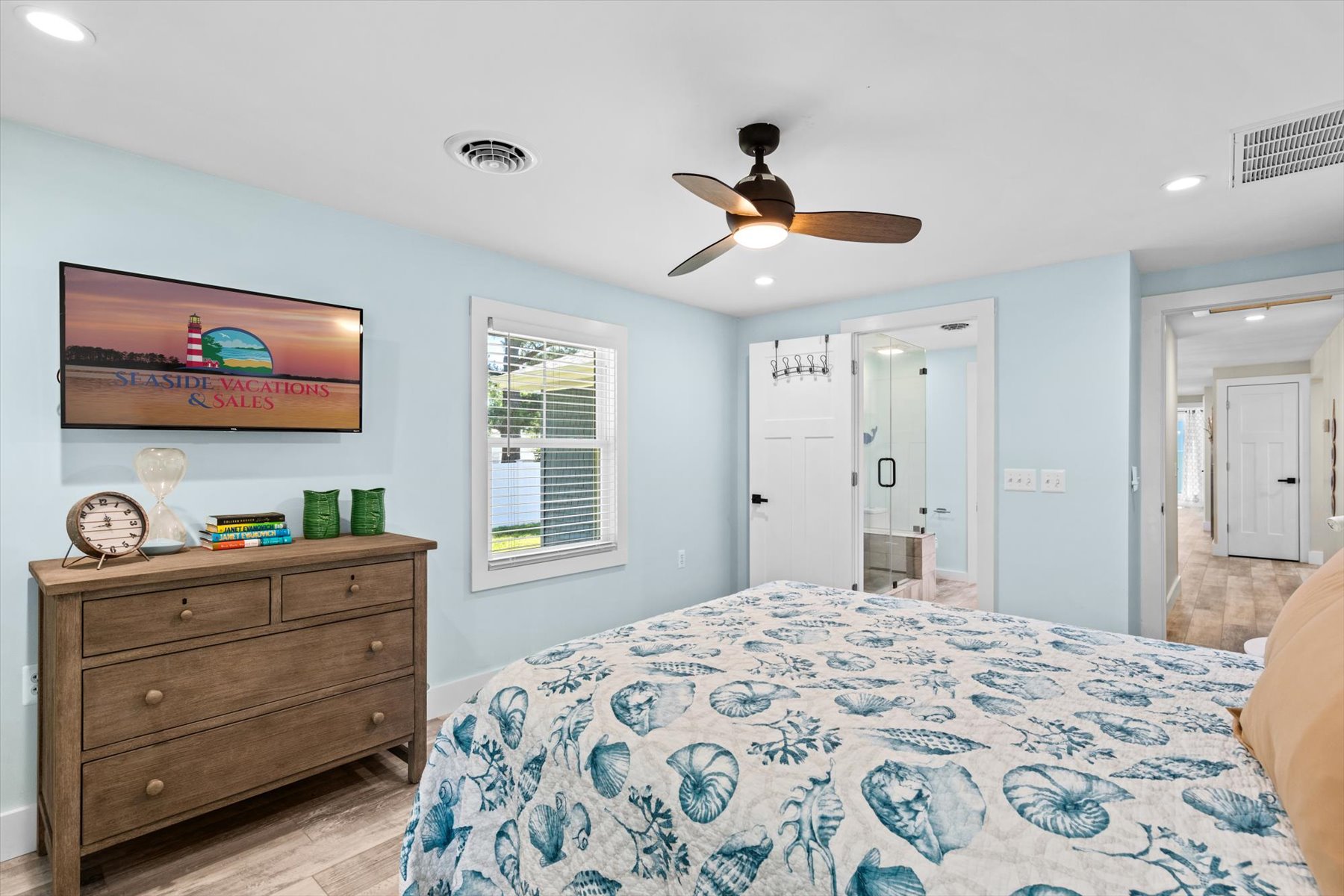 Adorned in beachy blues and crisp white.