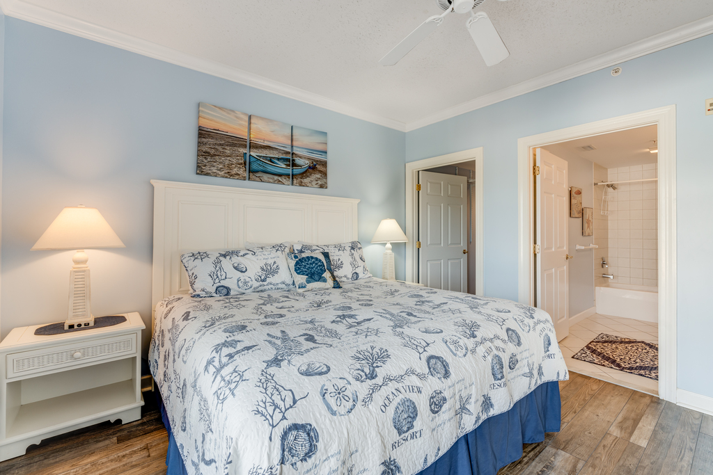 This Primary Bedroom is sure to help you relax after a hot summer day!