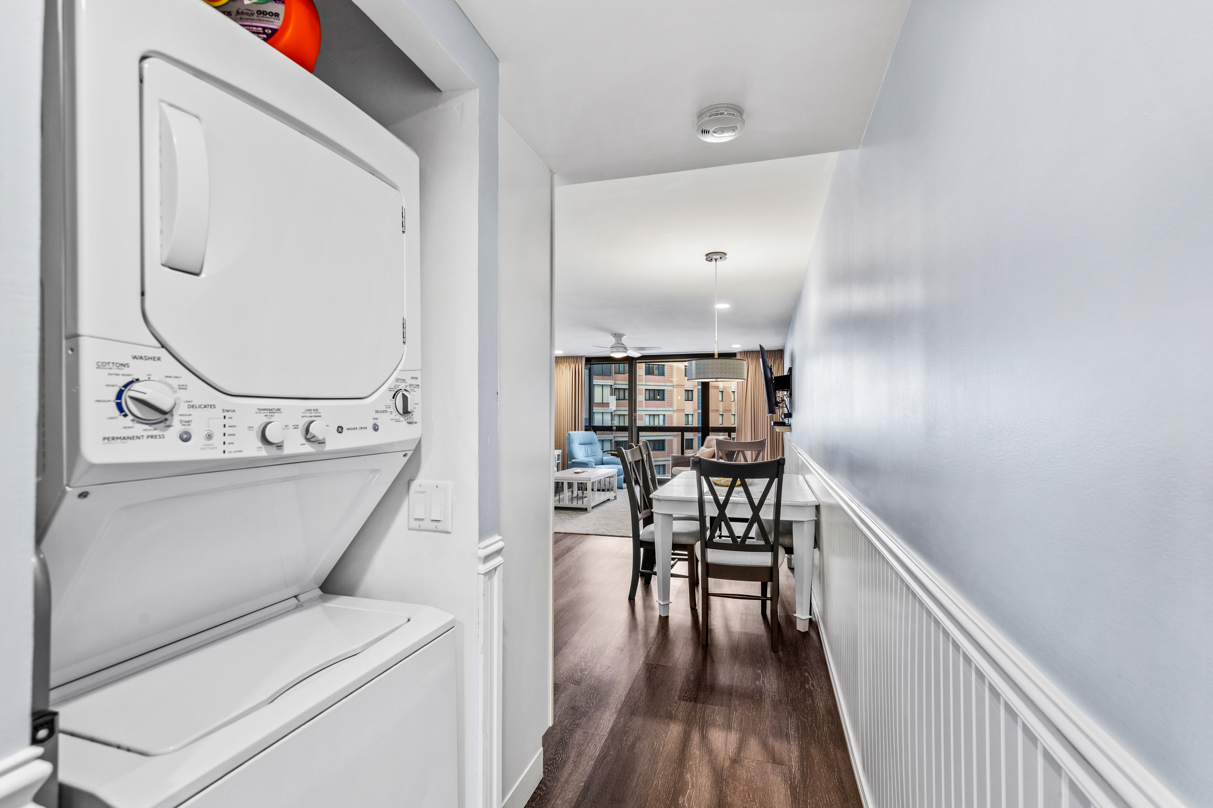 Full size stackable washer and dryer for your convenience.