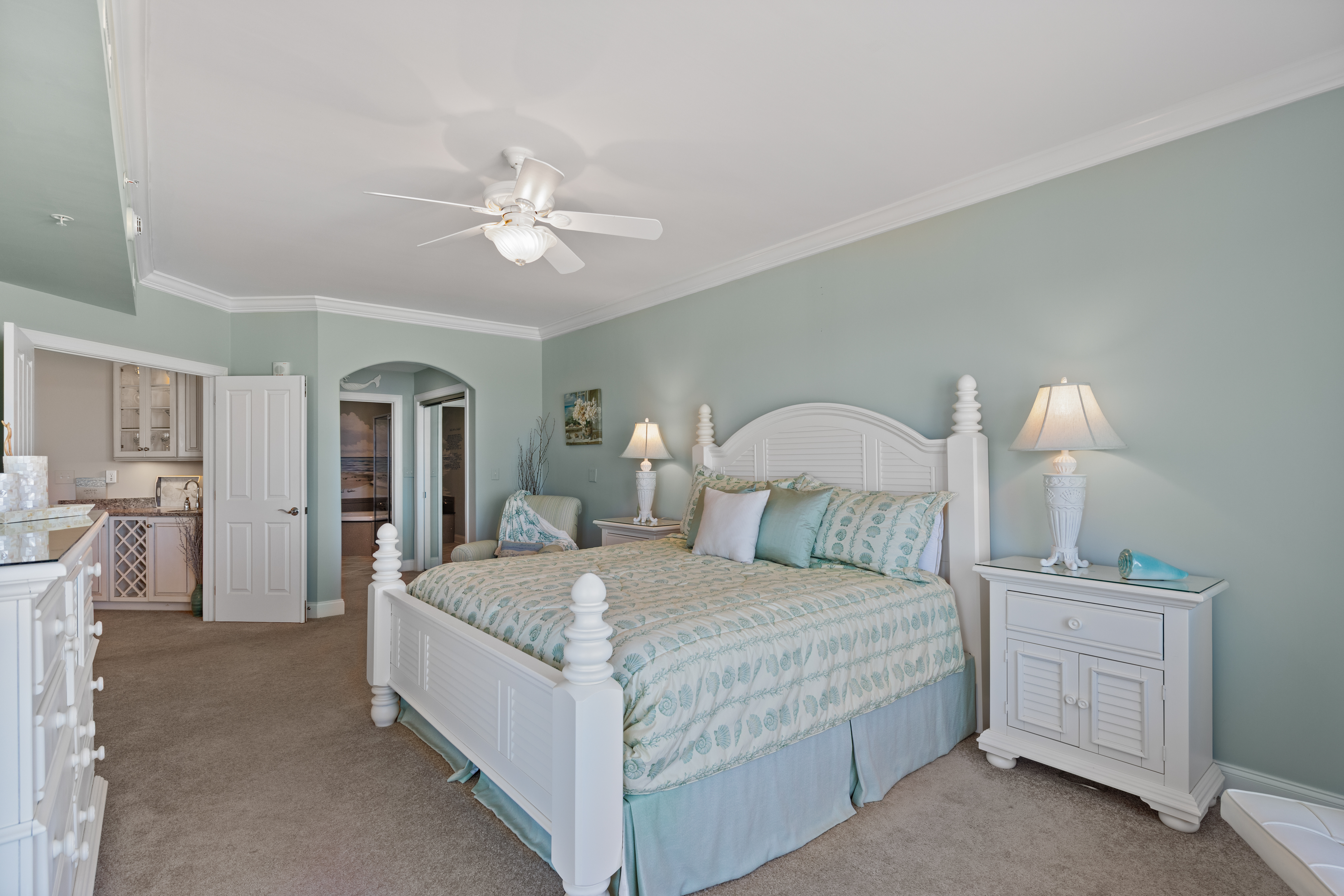 A Lavish King Bed and Flat Screen TV provide a calming Retreat.