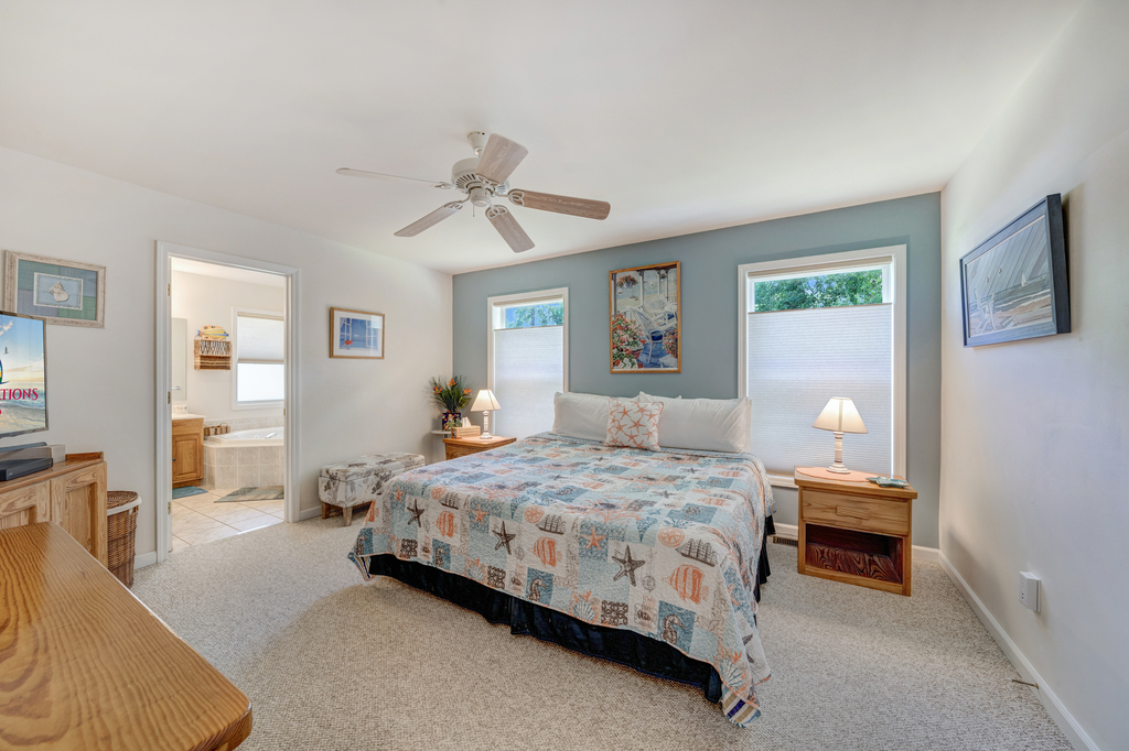 Bedroom 1 is the Primary Bedroom, and has a comfy King Bed.