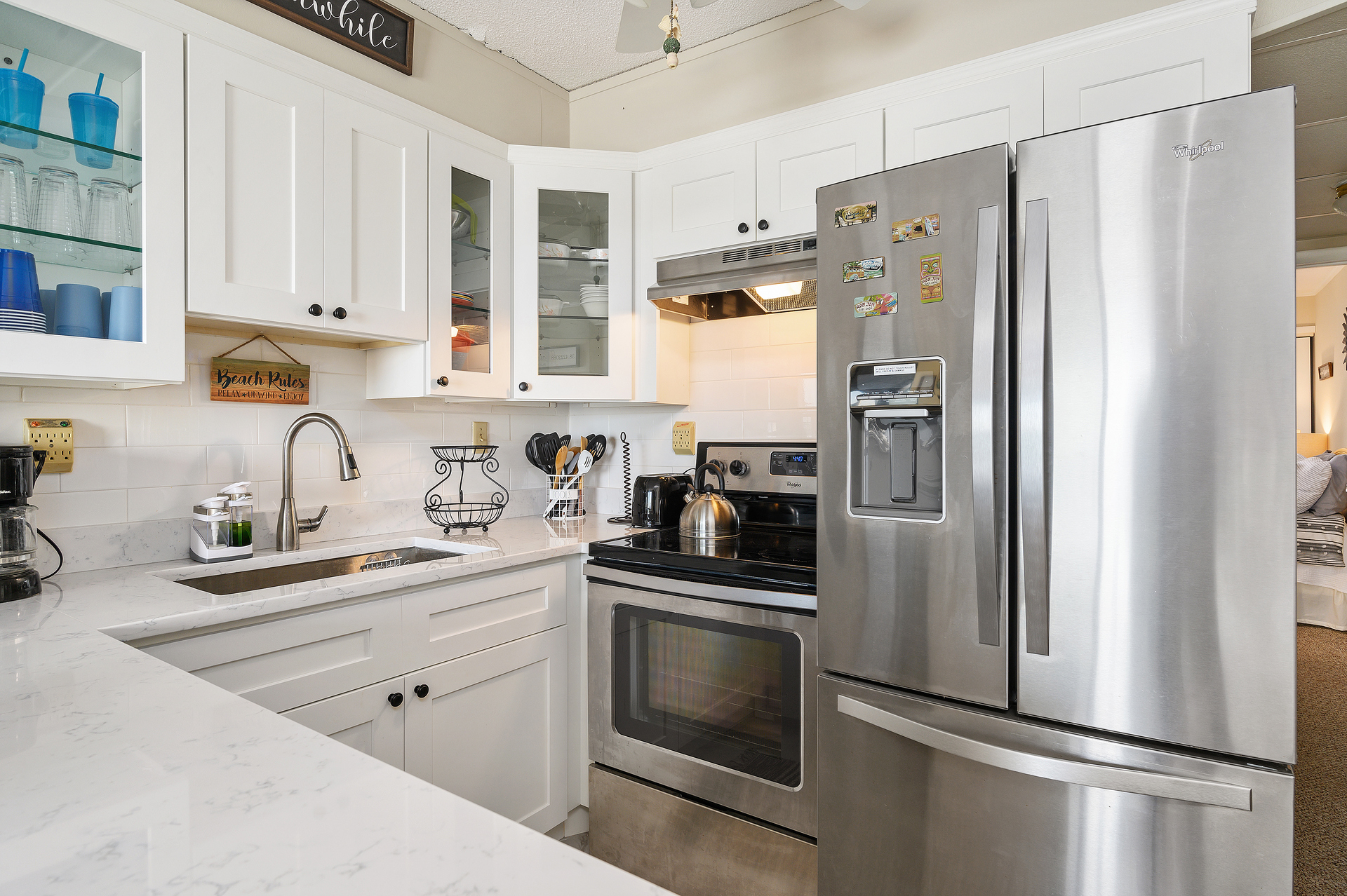 Newly renovated and well stocked, this kitchen will welcome the cook in your family right in for an easy breakfast or a nice intimate meal