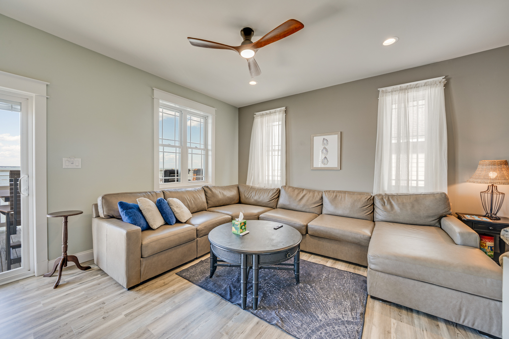 Sink into comfy furnishings after a fun-filled day at the beach.