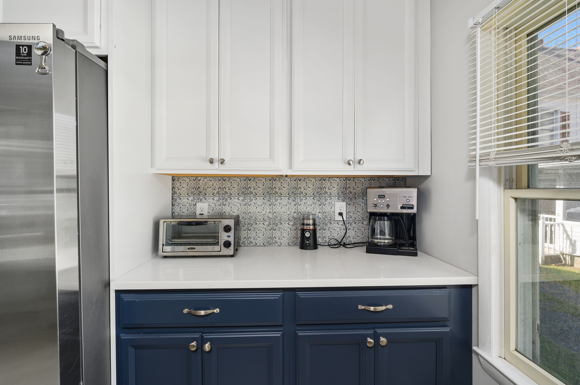 Coffee Bar with Grinder, Drip Coffee Maker, and Hot Water Dispenser.