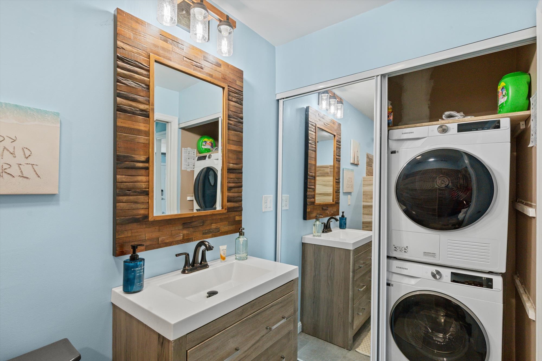 Pack light and enjoy ultimate convenience with the laundry station located right inside the modern bathroom suite!