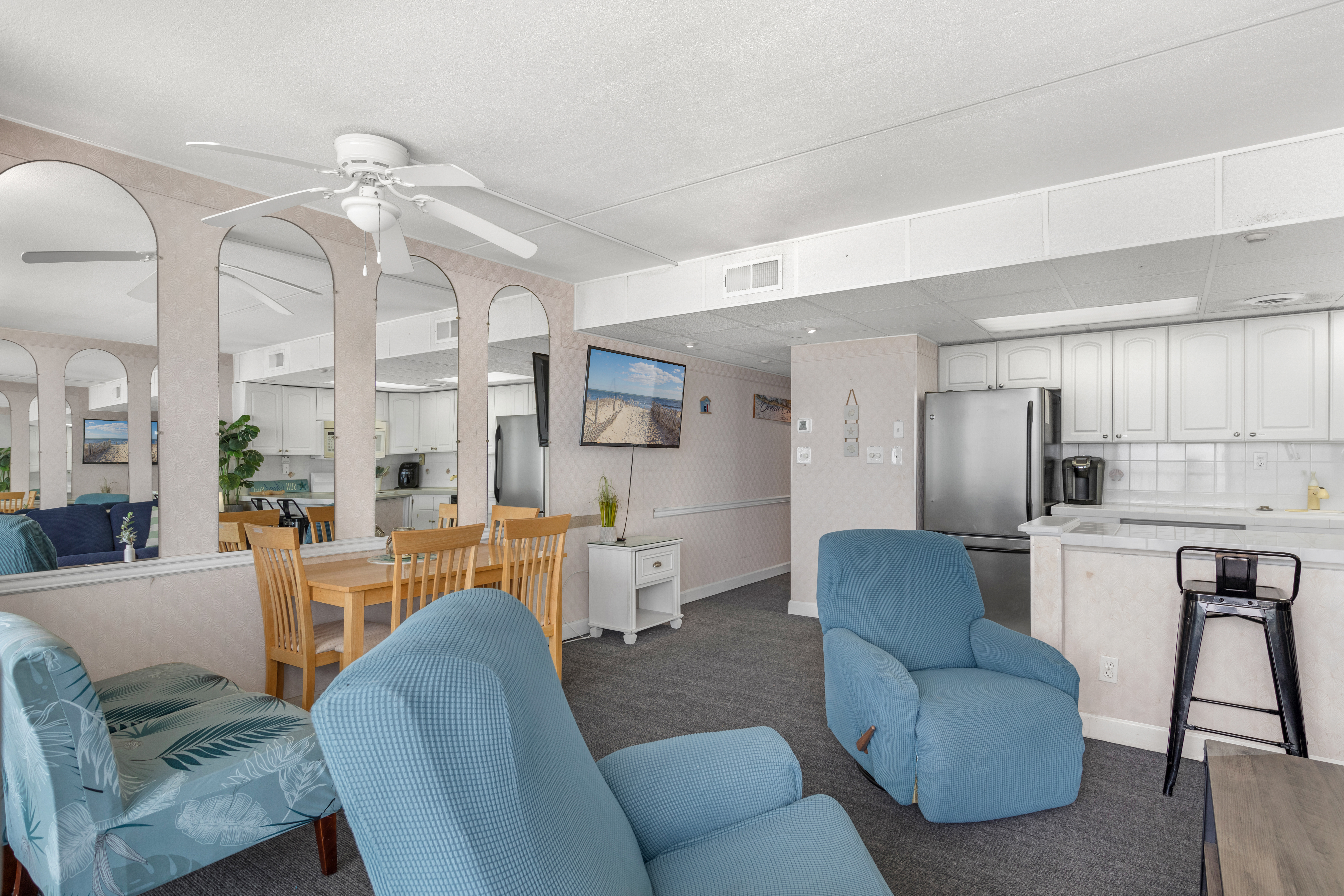 The blue tones and mirror accents will have you feeling like you are in an Ocean Oasis.