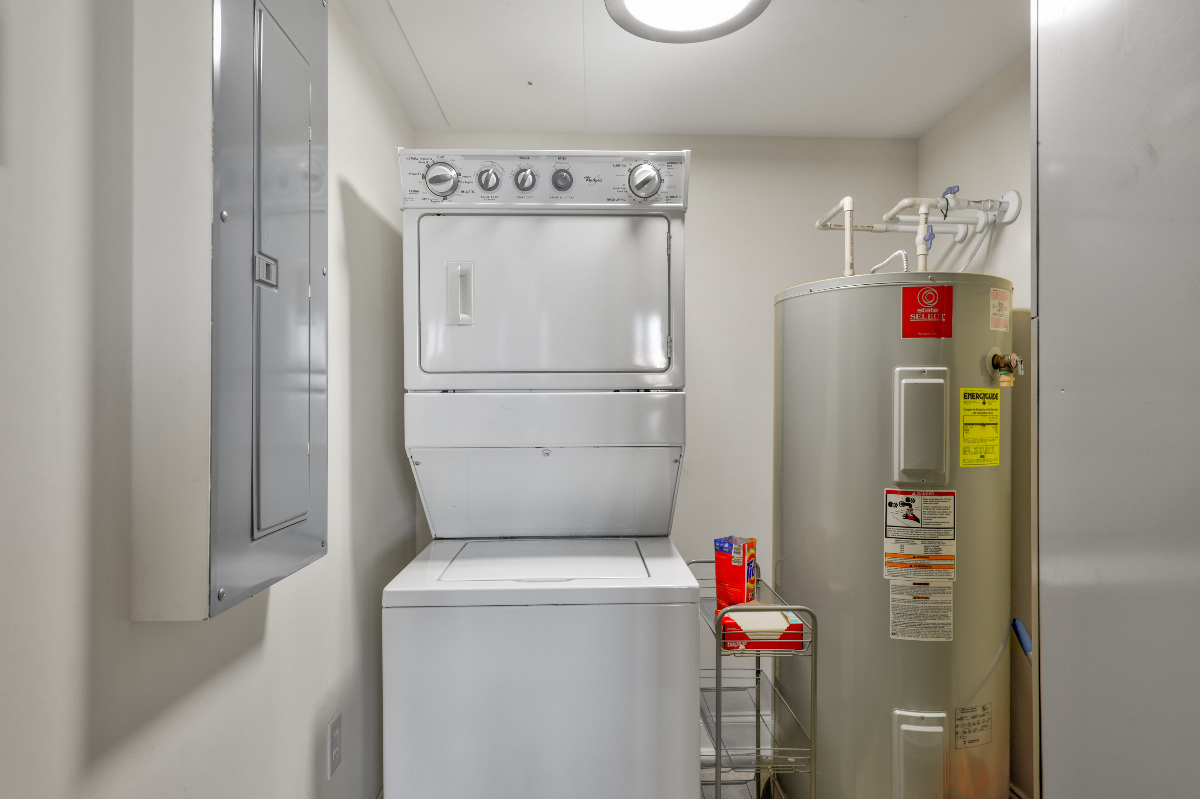 Stacked Washer & Dryer in the Laundry Room for your convenience.