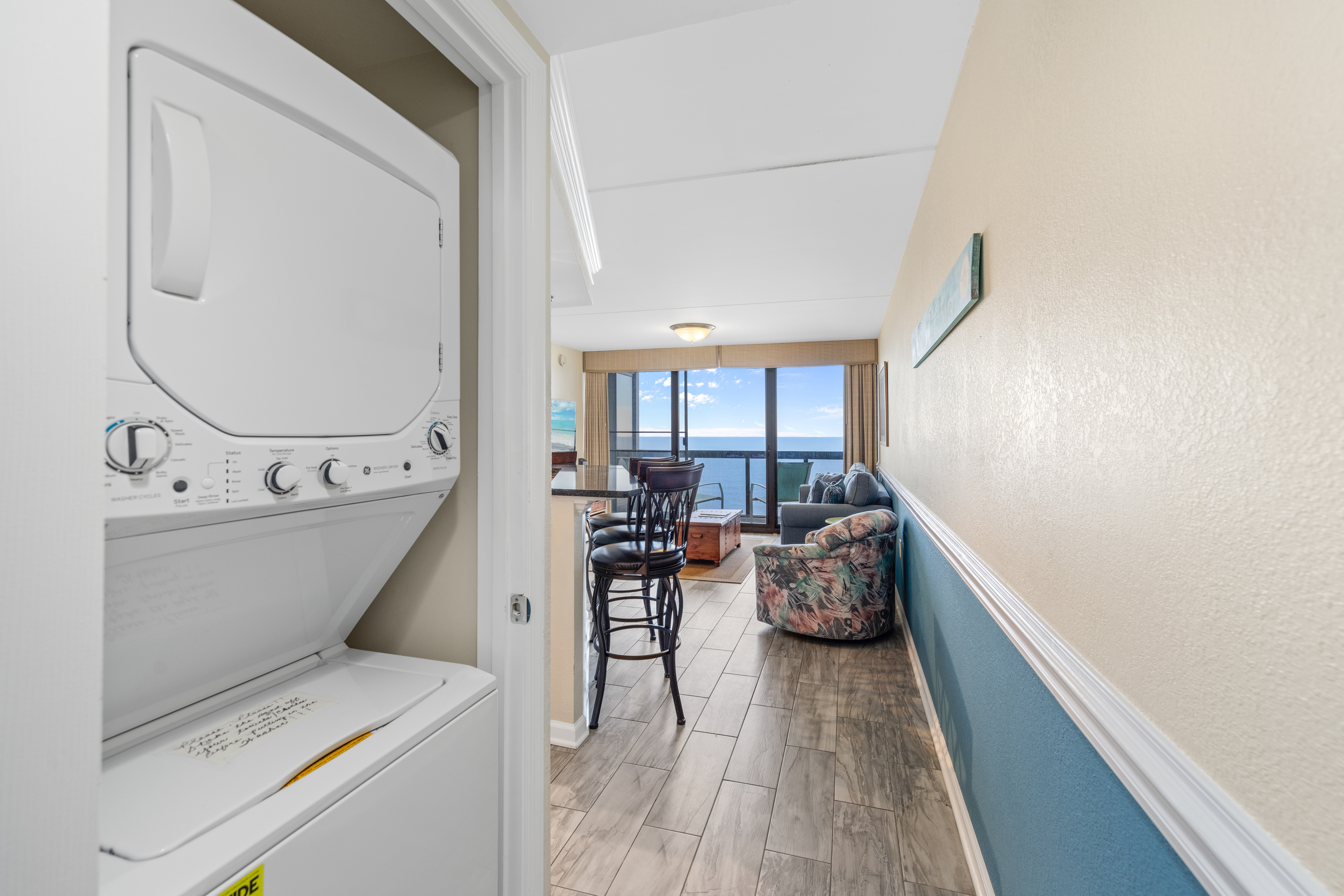 Full size stackable washer and dryer for your convenience.