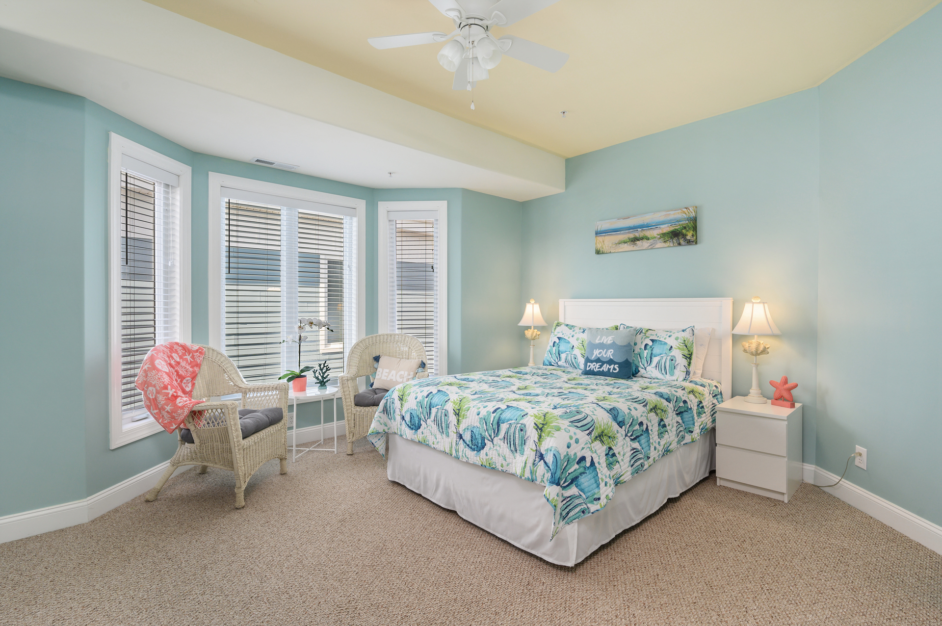 Bedroom 2 has a Queen Bed and gorgeous Coastal Colors.