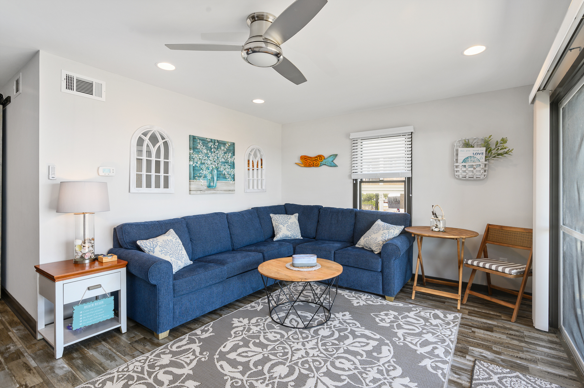 Sink into the cozy couch after a fun filled day at the beach!