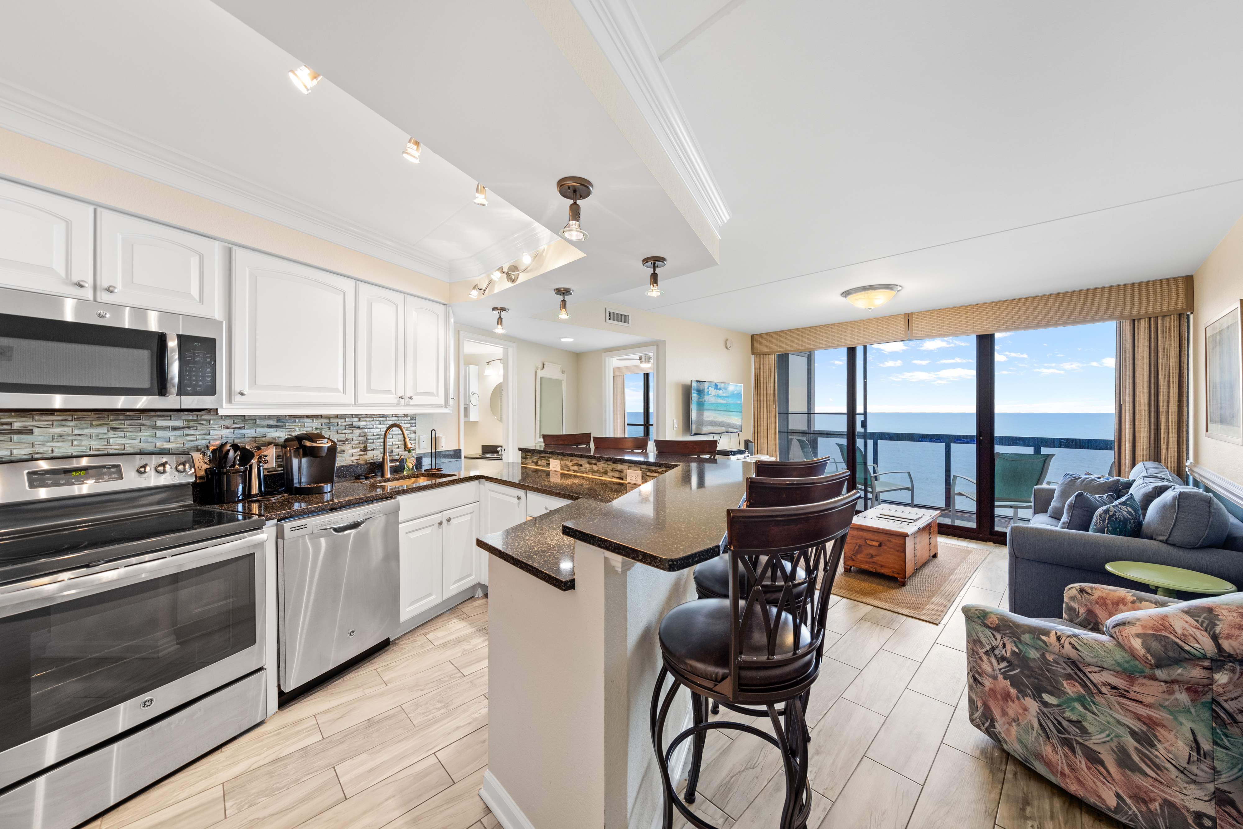 The fully stocked kitchen has everything you need to cook a gourmet meal.