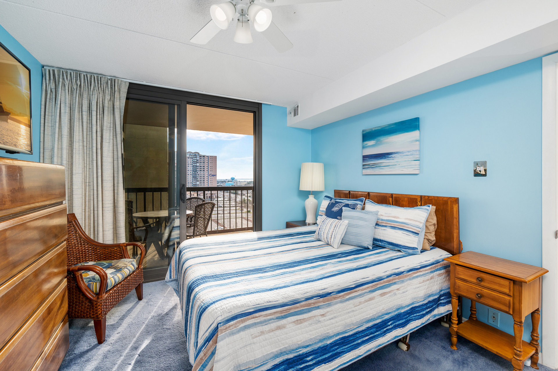 The Primary Bedroom is adorned in Coastal Charm.