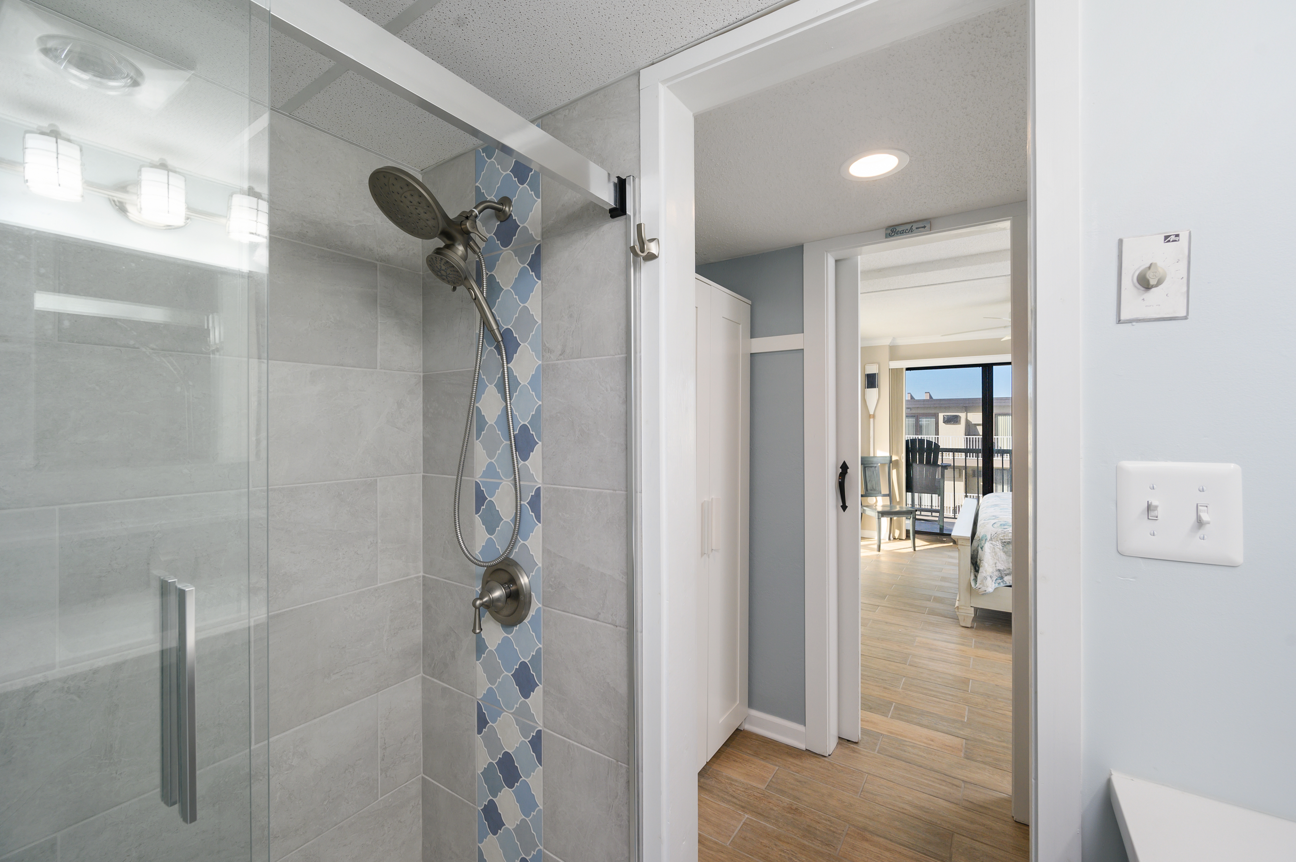 The custom tile shower in Bathroom 1 is an ideal space to refresh after a fun filled day in the sun!