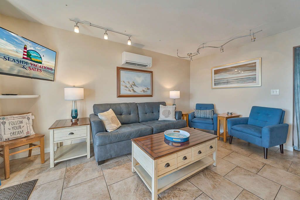 Relax in the Living Area with Free WiFi and Flat Screen Streaming TV.