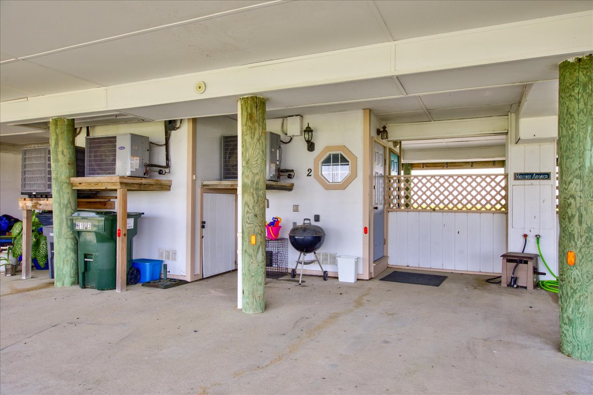 Charcoal Grill and lots of space to store your Beach Chairs and Water Toys.