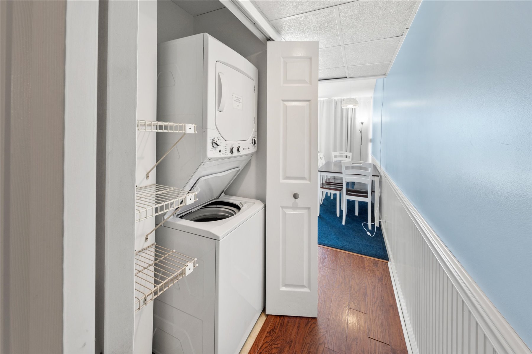 A stacked Washer/Dryer for your use.