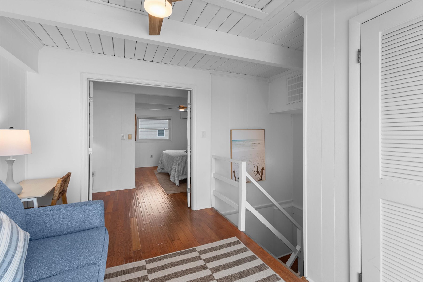 Located just up the stairs.