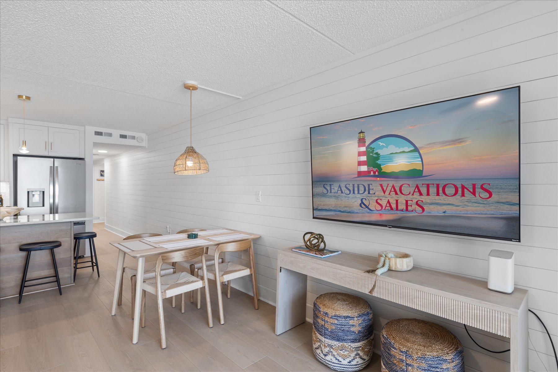 Indoor dining with an ocean view.