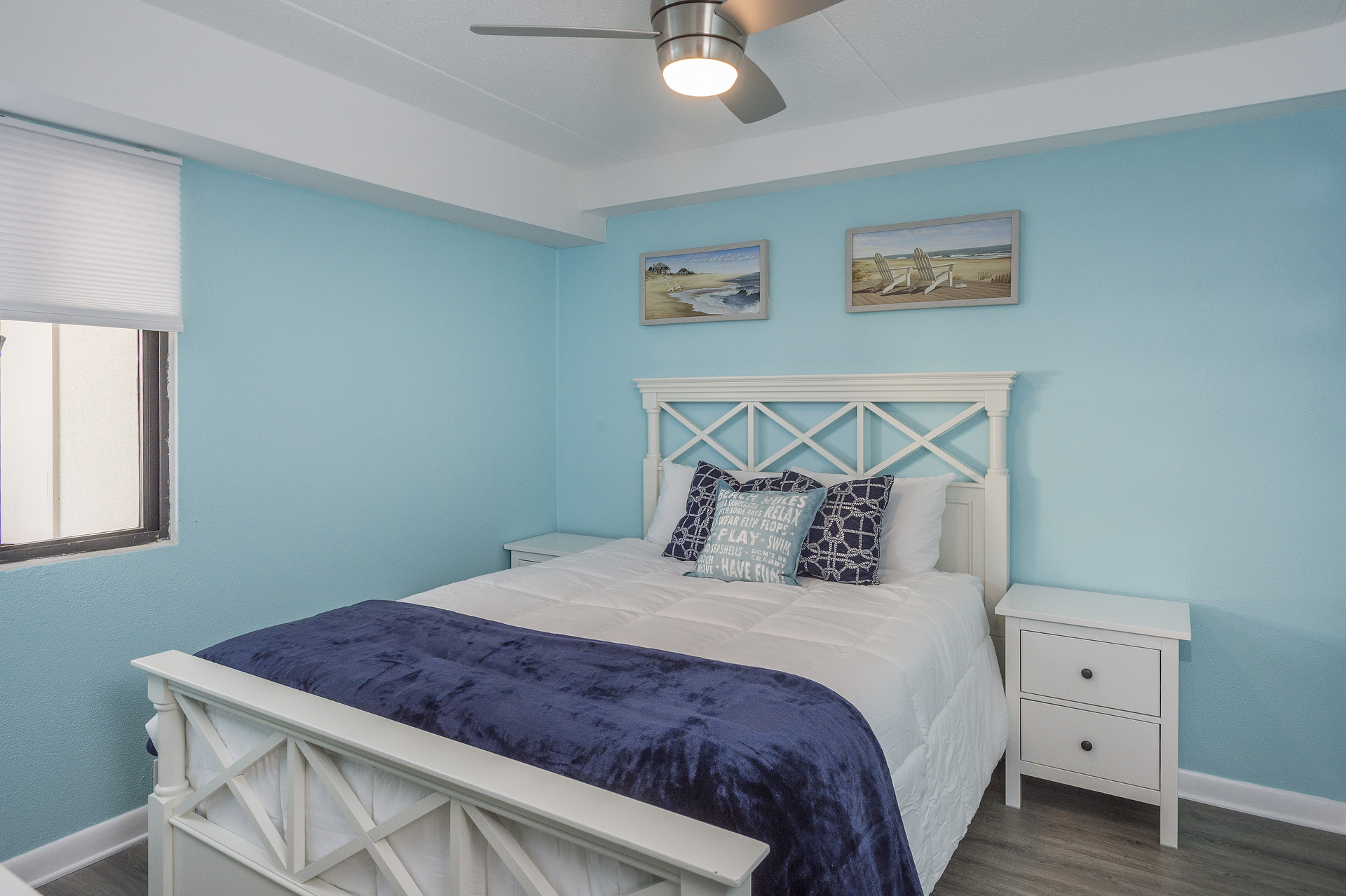 Bedroom 2 has a Comfy Queen & serene Coastal Colors.