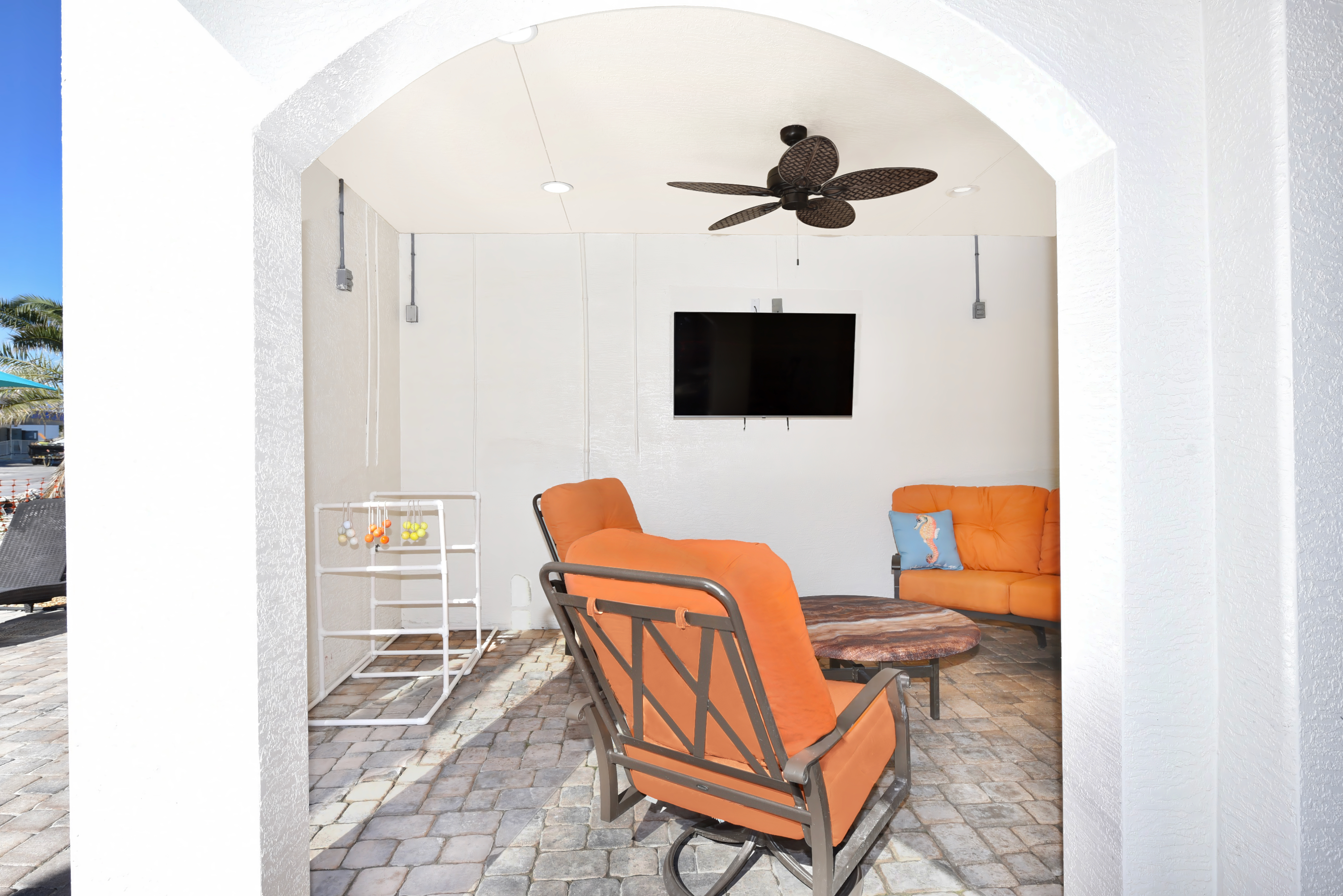 post hurricane poolside seating area