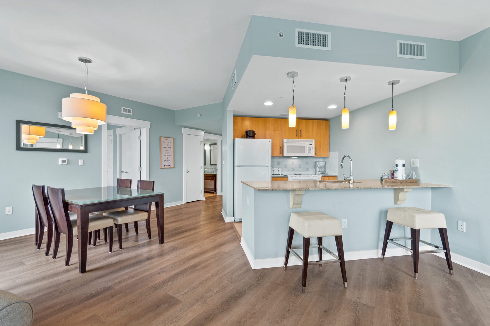 Kitchen area with bar seating