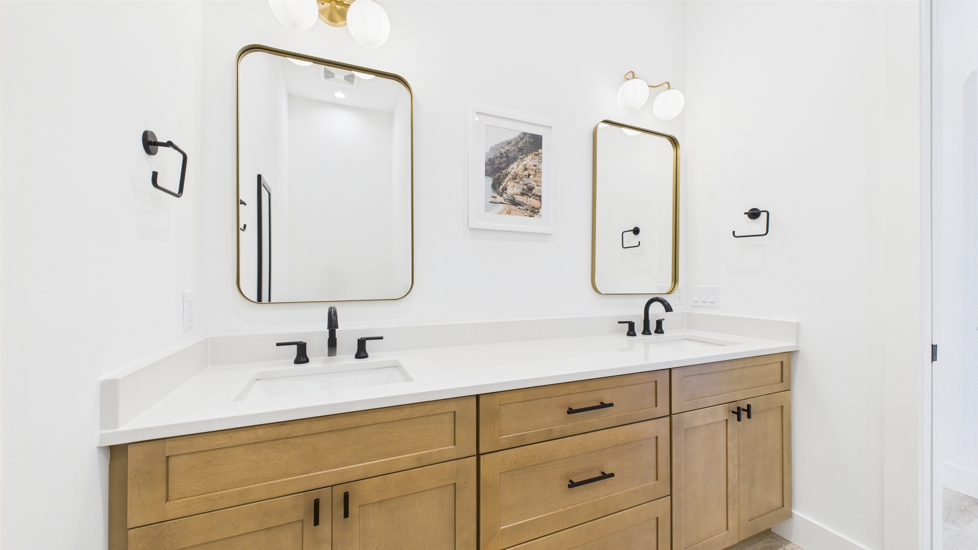 Master bathroom with dual vanity and walk in shower