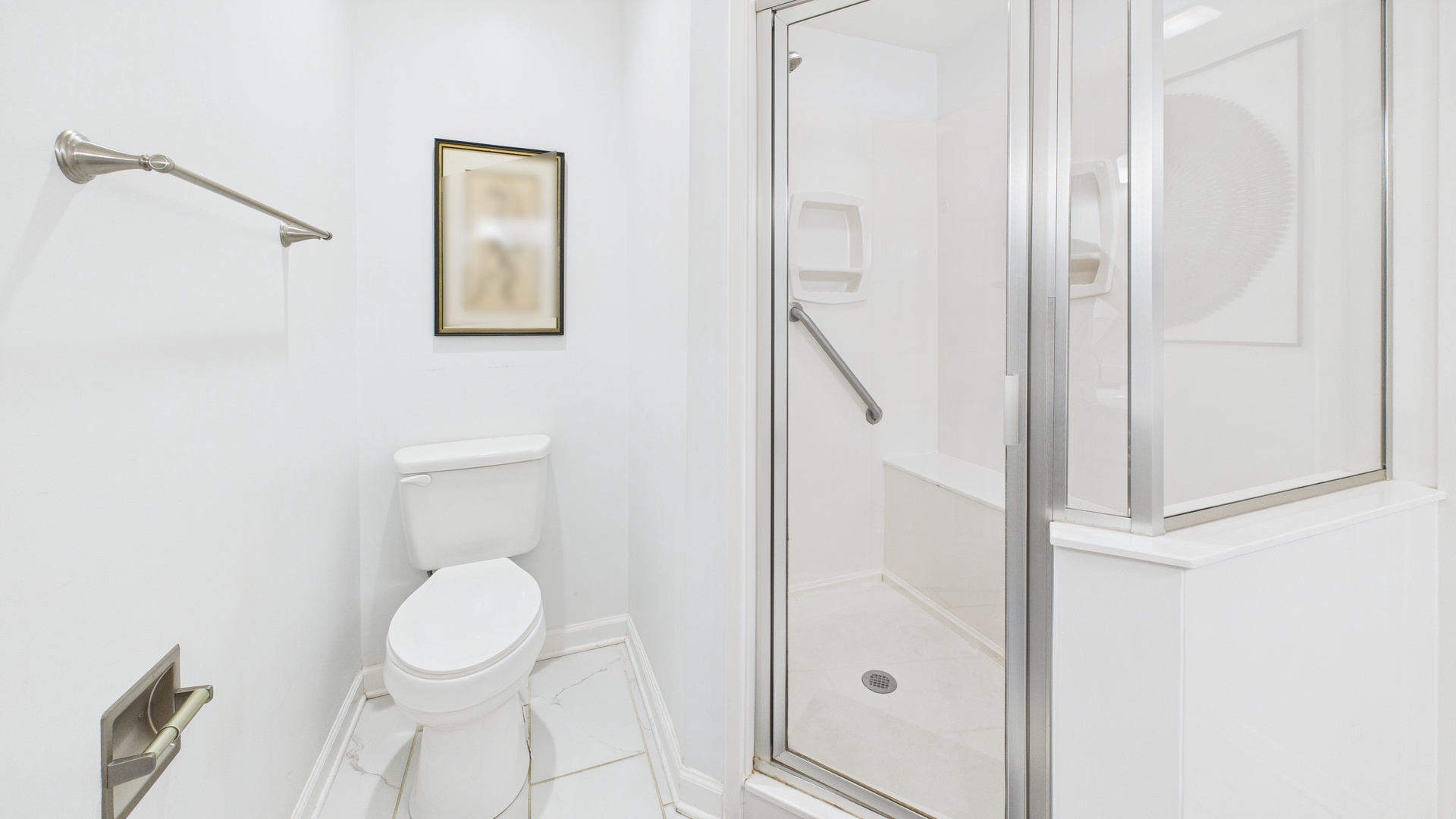 Master bathroom with dual vanity and walk in shower