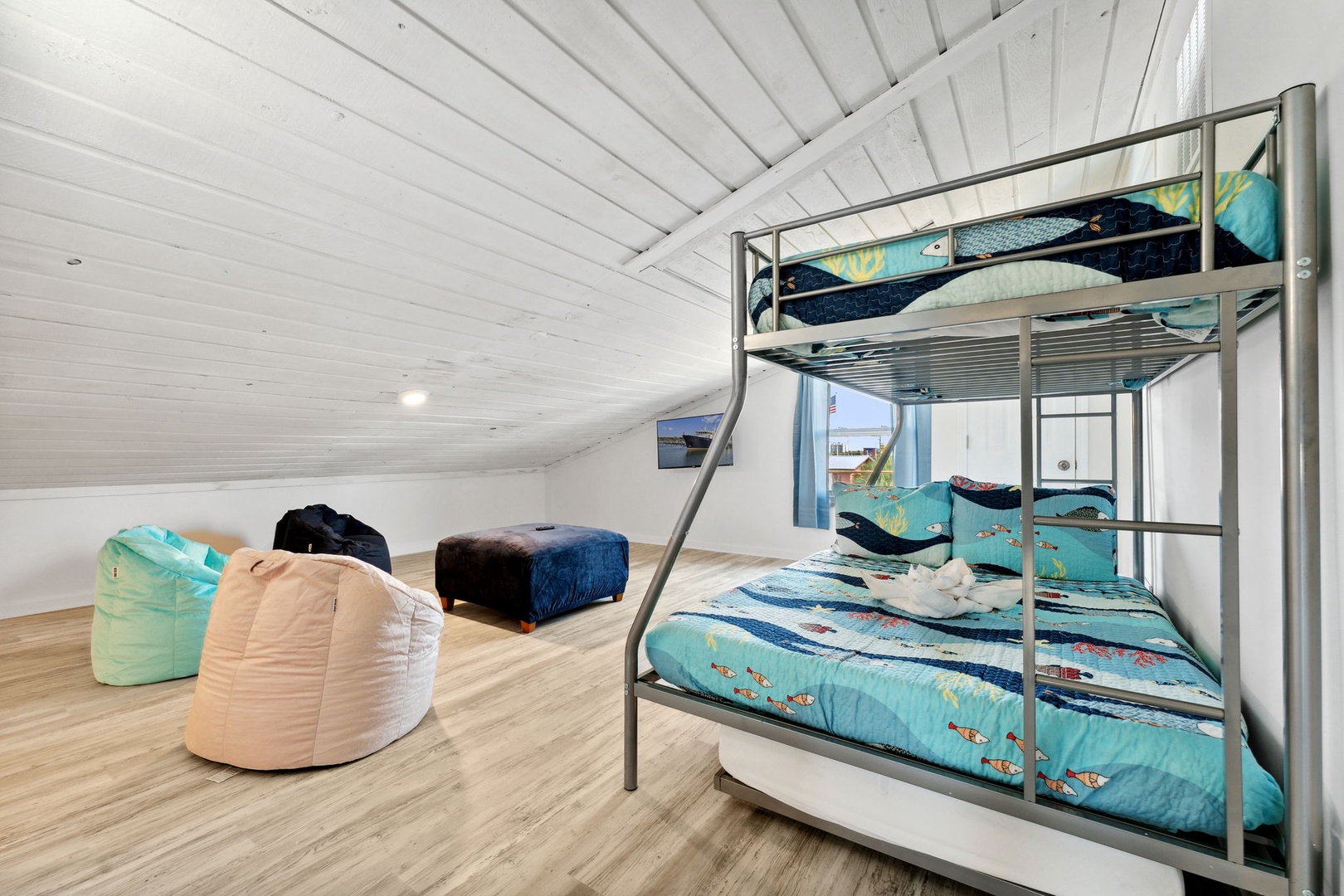 Upstairs bedroom with twin over full bunk beds