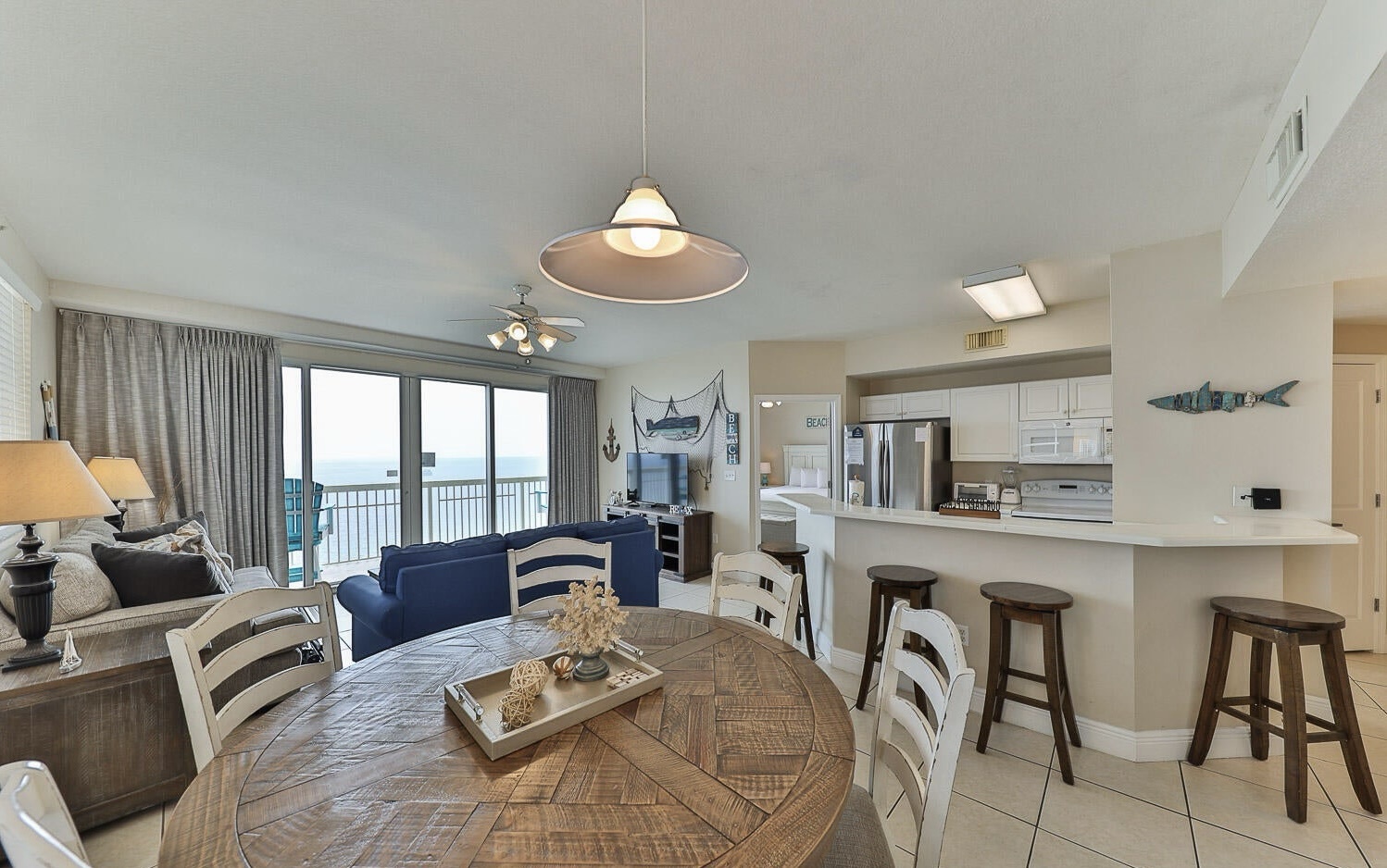 Dining table and kitchen area