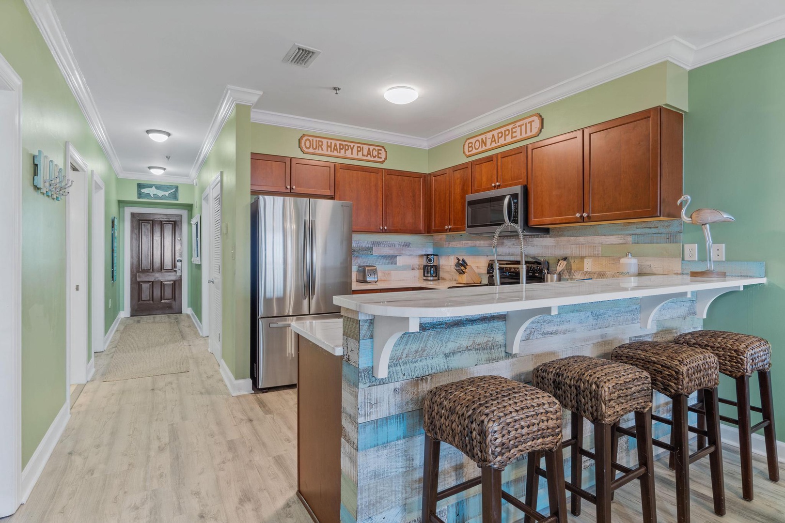 Kitchen area with bar seating