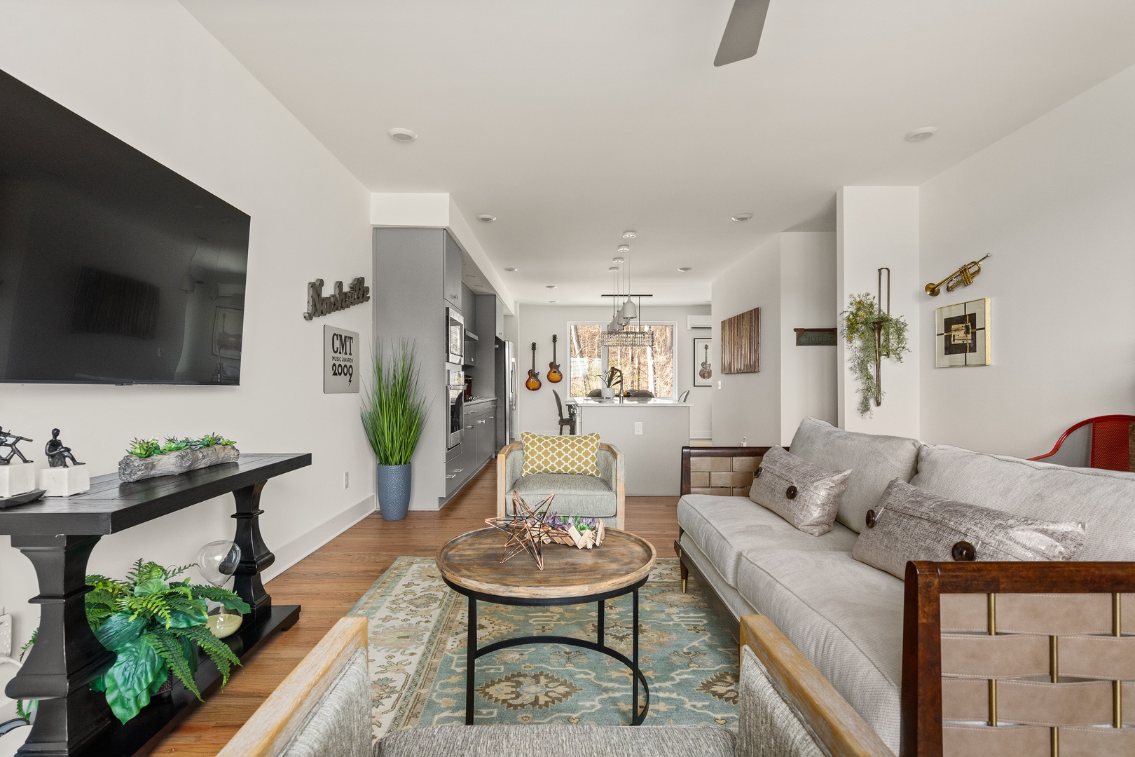 Living room area with Large Smart TV