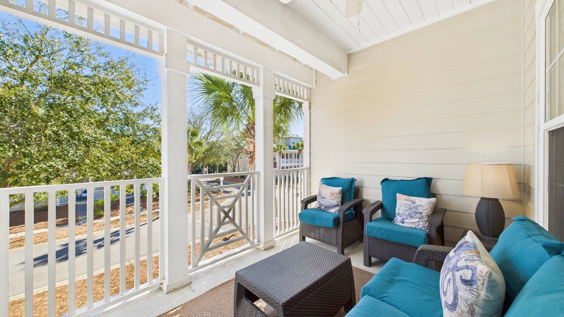 Balcony with comfortable furnishings and scenic views