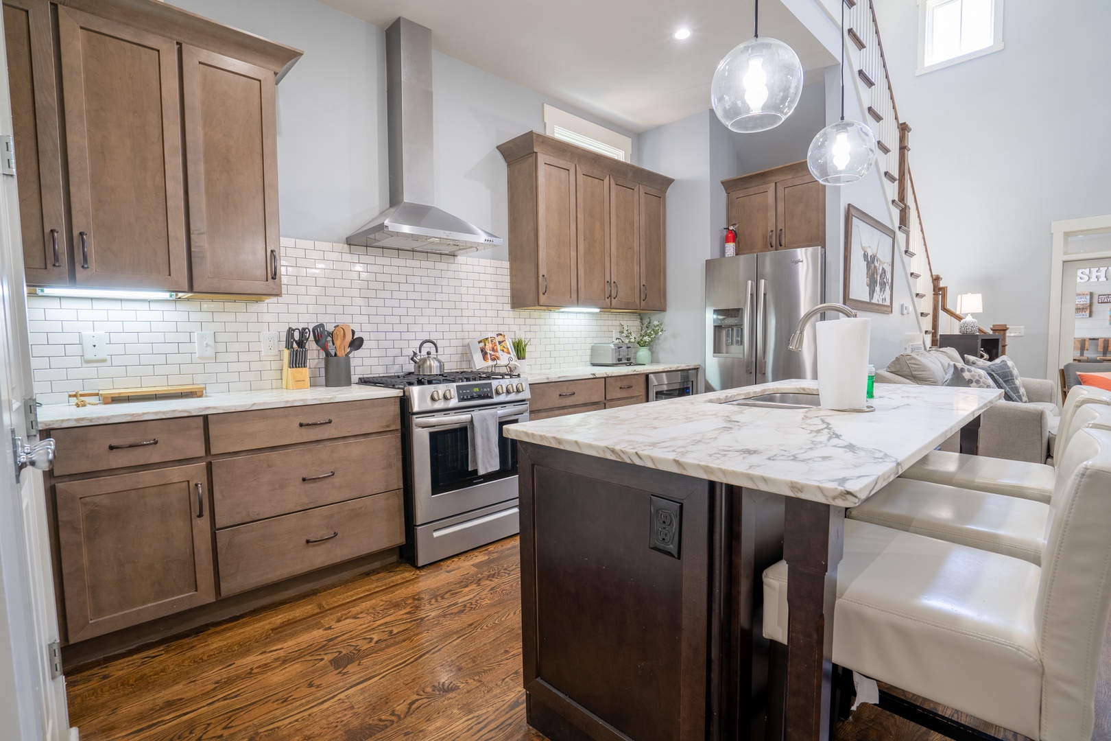 Kitchen area with island and seating