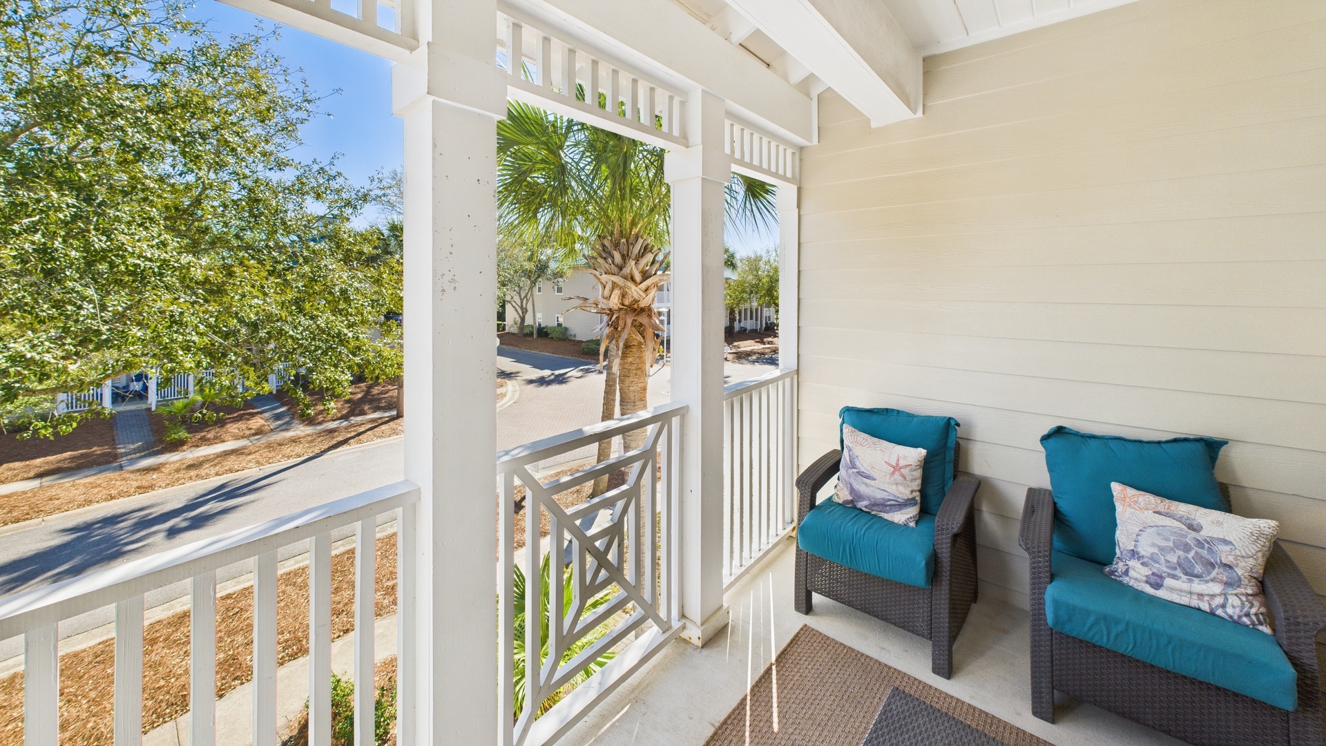 Balcony with comfortable furnishings and scenic views