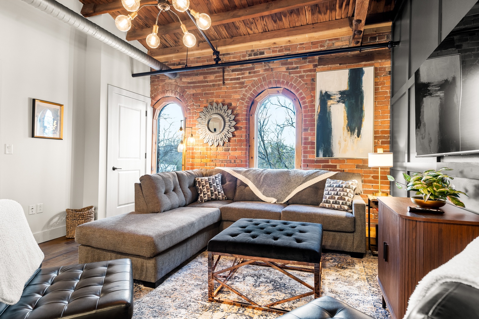 Open concept living room with TV