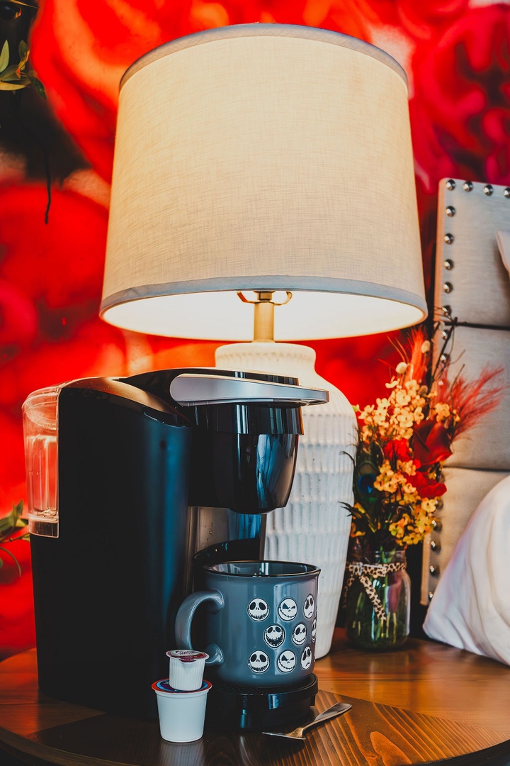 Keurig coffee maker on nightstand