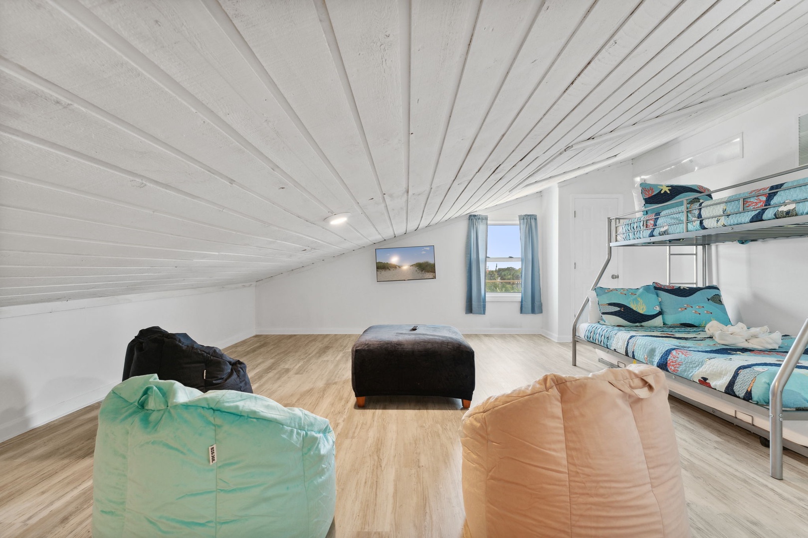 Upstairs bedroom with twin over full bunk beds