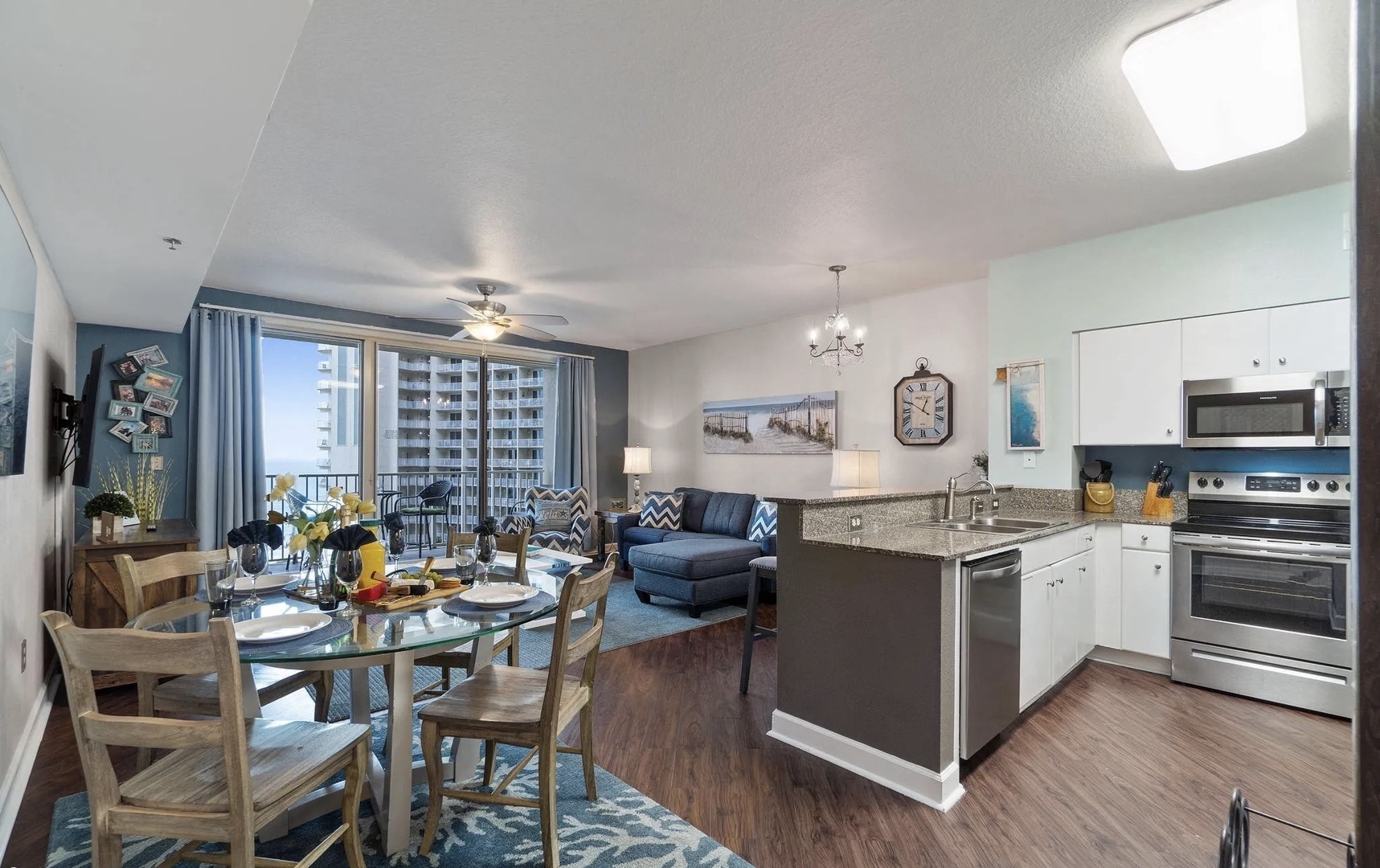 Dining table and kitchen area
