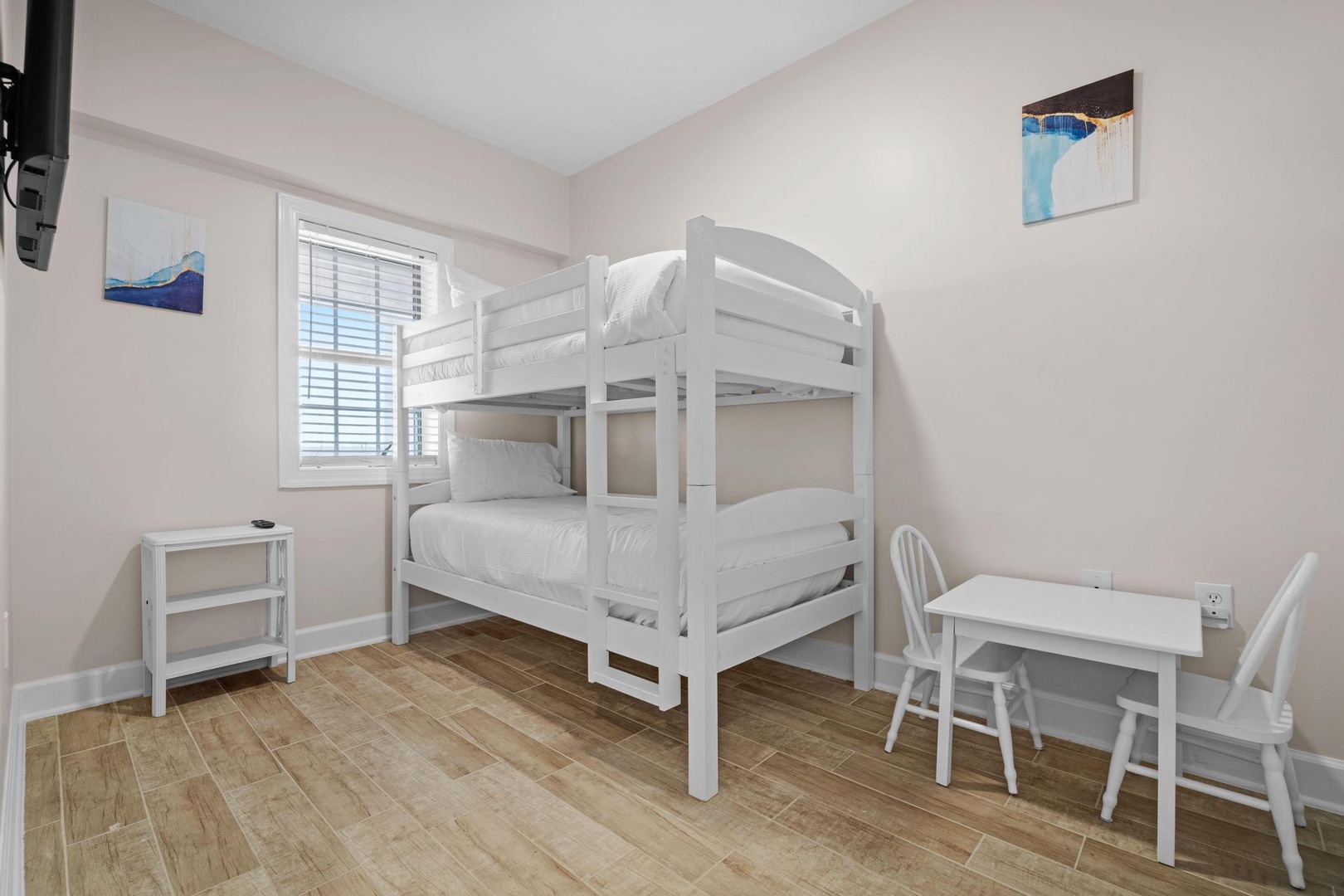 Bunk room with two twin beds.