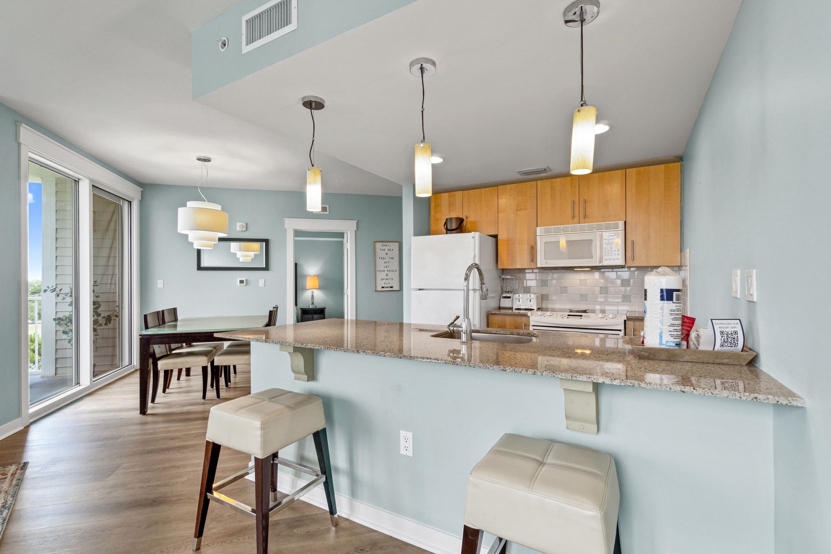 Kitchen area with bar seating